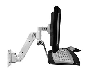 LCD monitor arm with keyboard/mouse holder, 10 to 18 lbs (4.5 to 8.2 kg), wall mount, 15" (381 mm) reach, white